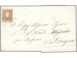 "PIAZZOLA 30 GIU", L2 in blauschwarz auf 1858, 10 Soldi, Type II, auf Briefhülle nach Valstagna. Name in der Adresse abgeände