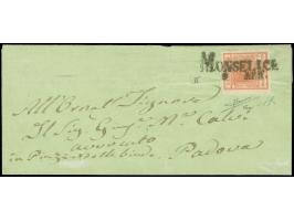 "MONSELICE 9 APR.", L2 sauber auf geripptem Papier 15 Centesimi, allseits breitrandig, auf grüner Briefhülle nach Padua. Sehr