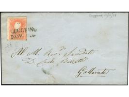 "CUGGIONO NOV…", L2 mit Tageszahl hinter dem Monat, auf 1858, 5 Soldi, Type I, auf Briefhülle nach Gallarate. Signiert Avanzo