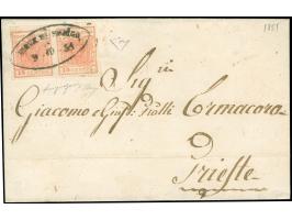 "PIEVE DI SOLIGO 9-10-51", Ovalstempel auf Handpapier 15 Centesimi, waagerechtes Paar, voll- bis breitrandig, auf Briefhülle 