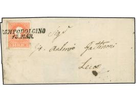 "CAMPODOLCINO 13.MAR." (1859), L2, auf 1858, 5 Soldi, Type II, auf kleiner Briefhülle nach Lecco. Ein schöner und ursprünglic