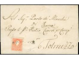 "PORDENONE", der Langstempel ohne Datum, auf 1858, 5 Soldi, Type II, auf komplettem Faltbrief nach Tolmezzo. Ein außerordentl