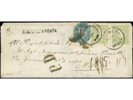 "S.BENEDETTO 11/1", EKr. auf 2 Einzelwerten 1858, &nbsp;3 Soldi grün, in Mischfrankatur mit 1863,10 Soldi und (rückseitig gek