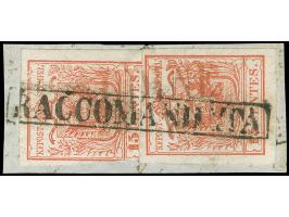 "UDINE ..." (1850), L2 in rot, zusammen mit schwarzem Ra. "RACCOMANDATA" auf 2 Stück 15 Centesimi (ein Wert unten links etwas