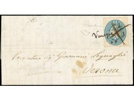 "Venezia 2/3/64", handschriftlicher Entwertung mit Federkreuz, auf 1863,10 Soldi, auf kleinem Faltbrief nach Verona, mit rück