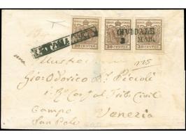 "CIVIDALE 2 GEN.", L2, neben Ra. "RACCOMANDATA" auf 3 Einzelwerten Handpapier 30 Centesimi, einer links berührt, sonst voll- 