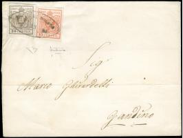 "PIEVE DI SOLIGO 5.12.51", Spitzovalstempel, auf Erstdruck 15 Centesimi und 30 Centesimi, beide breitrandig, auf Briefhülle n