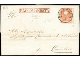 "PERAROLO 9/2", EKr., glasklar und gerade auf 1858, 5 Soldi, Type I, unten mit Andreaskreuz-Ansatz, mit nebengesetztem roten 