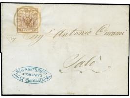 "CHIOGGA 1/6" (1851), EKr. in rostrot (rosastro) auf Handpapier 30 Centesimi, voll- bis breitrandig, auf kleinem Faltbrief na