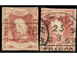 1864, two 10 c. lilac-red, both used, one clear cancelled BATAVIA FRANCO 25/3/1868, the other FRANCO, fine pair.