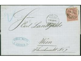 1869, 50 c. lila auf Faltbrief ZURICH 12/XI/69 nach Wien mit rs. Ankunftsstempel 14/11/69, handschriftlich "2" in blau, sehr 