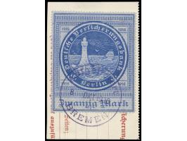1916, 2.Ausgabe 20 M. ultramarin, sauber gestempelt auf Formularausschnitt