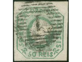 1853, Queen Maria II 50 r. green, good margins, clear cancelled numeral ‘1’, fine.
