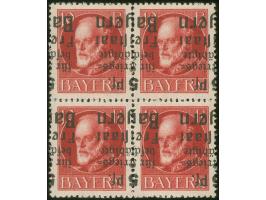 1919, Kriegsbeschädigte 10 + 5 Pfg. mit kopfstehendem und stark waagerecht verschobenem Aufdruck, Viererblock, postfrisch, si