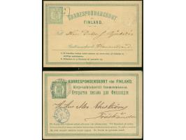 1872/74, 8 Pen. yellow-green, two postal stationery cards, first Type I: ‘... adressen ... förpligtad’, both used with clear 