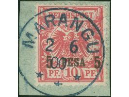 "MARANGU 2 6 00" in blau, glasklar und gerade auf 5 P. auf 10 Pfg. auf Briefstück, Kurzbefund R. F. Steuer BPP