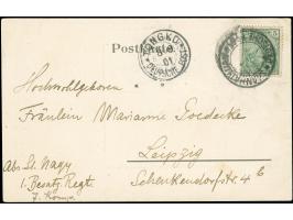 Germania Reichspost 5 Pfennig mit Kreisstempel "SHANHAIKUAN DP" auf Postkarte aus Tschinwangtau, mit nebengesetztem Stempel "