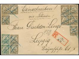 1900, 3 Pfg. (10) und 5 Pfg. (2) mit Blaustift-Entwertung auf etwas größerformatigem R-Brief mit Vermerk "via Sibirien" nach 