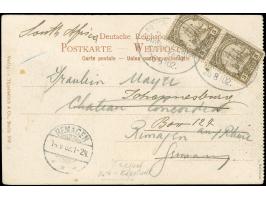"DSP LINIE DEUTSCH-SÜDWESTAFRIKA CAPSTADT 26 8/0 2", zwei Abschläge auf senkrechtem Paar 1900, 3 Pfg. (teils um den Rand gekl