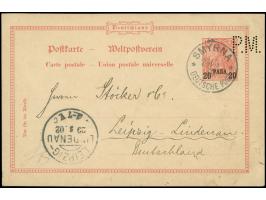 1900, Karte 20 Para mit Firmenlochung "P.M.", mit Stempel "SMYRNA 24/4 02" nach Leipzig, mit Ankunftstempel&nbsp;