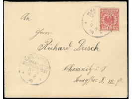 “KAIS. DEUTSCHE MARINE SCHIFFSPOST No. 8 11 8 99”, EKr. auf- und nebengesetzt auf Krone/Adler 10 Pfg. lebhaftlilarot als Mitl