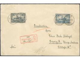 1900, Kaiseryacht 3 M. und Kaiseryacht 2 M. mit rechtem unteren schmalen Bogenrand auf überfrankiertem R-Fernbrief nach Leipz
