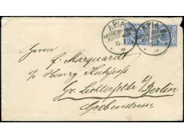 1899, Krone/Adler 20 Pfg. violettultramarin, senkrechtes Paar auf portogerechtem Brief der 2. Gewichtsstufe mit EKr. “APIA / 