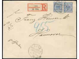 1899, Krone/Adler 20 Pfg. mittelultramarin, im waagerechten Paar auf R-Fernbrief von “APIA / KAISERL. DEUTSCHE / POSTAGENTUR 