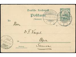 1901, Antwortteil der Doppelkarte 5 Pfg., von “KREUZNACH 21.2.06” nach Apia mit Ankunftsstempel, oben links mit Eckbug, sonst