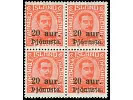 1923, þjónusta 20 aur on 10 aur in block of 4, one stamp with variety ‘M and E connected’, mint never hinged