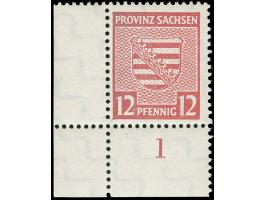 1945, Wappen 12 Pfg. hellilakarmin mit Wasserzeichen “Stufen steigend”, linke untere Bogenecke, postfrisch, in tadelloser Erh