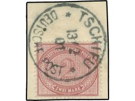 1890/1901, 2 M. dunkelrotkarmin, sauber gestempelt “TSCHIFU DP 13/2 01” auf Briefstück, einwandfrei
