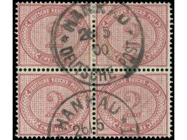 1890/1901, 2 M. dunkelrotkarmin, Viererblock, sauber mit EKr. “HANKAU / DP / 26/5 00” (Steuer x40), der Eckzahn der rechten o