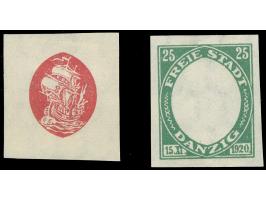 1921, Kogge 25 Pfg., Probedrucke nur des Mittelstückes bzw. nur des Rahmen in verausgabten Farben, ungezähnt, ungummiert
