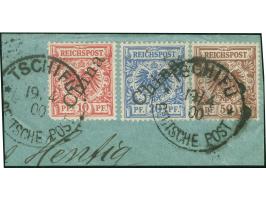 1898, Krone/Adler 50 Pfg. lebhaftrötlichbraun, zusammen mit diagonaler Aufdruck 20 Pfg. und steiler Aufdruck 10 Pfg., sauber 