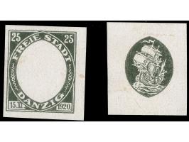 1921, Kogge 25 Pfg., Probedrucke nur des Mittelstückes bzw. nur des Rahmen in schwarz auf Kreidepapier, ungezähnt und ungummi