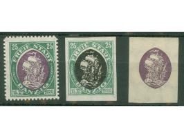 1921, Kogge 25 Pfg., Probedrucke in grün/violett, undurchstochen in grün/schwarz und nur des Mittelstückes in violett, ungebr