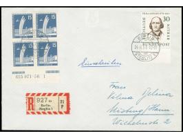 1956, Stadtbilder 15 Pfg. im Unterrand-Viererblock mit HAN “615071.56 1” auf R-Brief von “BERLIN-STEGLITZ 1 24.6.57” mit port