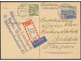 1953, Luftpost-Sonderkarte 15 Pfg. mit portogerechter Zufrankatur Stadtbilder 50 Pfg. als R-Luftpostkarte von “BERLIN-WILMERS