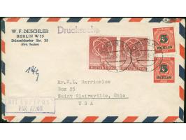 1950, ERP 20 Pfg. im waagerechten Paar und zwei Einzelwerten Grünaufdruck 5 Pfg. je mit Stempel “BERLIN W15 30.12.50” als por
