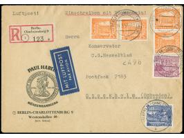1949, Bauten 30 Pfg, senkrechtes Paar und zwei Einzelwerte 25 Pfg. und Einzelwert 6 Pfg. jeweils mit Stempel “BERLIN-CHARLOTT