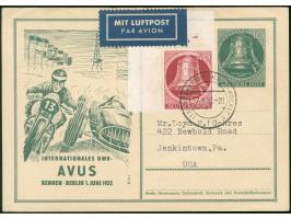 1952, Sonderkarte “Avus” 10 Pfg. mit portogerechter Zufrankatur Glocke III 40 Pfg. aus der linken oberen Bogenecke mit Stempe