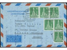 1956, Stadtbilder 10 Pfg., sechs Einzelwerte mit Stempel “BERLIN ZENTRALFLUGHAFEN b 23.8.57” auf Vordruck-Luftpostleichtbrief