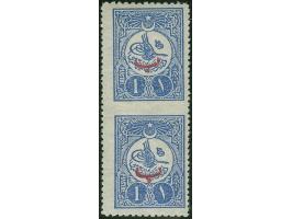 1910, 1 pia. blue vertical pair with blue “B” (beyiye) overprint, variety ‘imperf between’, unused, fine and scarce. Certific