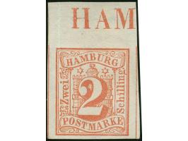 1859, Wappen 2 S. dunkelzinnober, Oberrandstück von Feld 2 mit Buchstaben der Inschrift, breitrandig geschnitten, ungebraucht