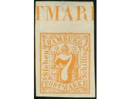1859, Wappen 7 S. orange, Oberrandstück von Feld 6 mit Buchstaben der Inschrift, breitrandig geschnitten, ungebraucht, ohne G