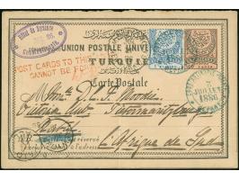 1886, 20 para black on rose postal stationery card answering part used uprated with 1 pia. blue, cancelled with clear "CONSTA