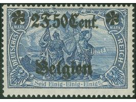 1916, Germania 2,50 F. auf 2 M. schwärzlichblau, „B“ von „Belgien“ mehr oder weniger unter „2“ stehend, 25:17 Zähnungslöcher,