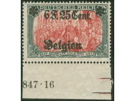 1916, Germania 6,25 F. auf 5 M. grünschwarz/schwärzlichrosarot, „B“ von „Belgien“ unter „6“ stehend, Unterrandstück mit Teil 