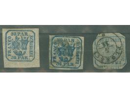 1862/64, selection of three unused and used 30 parale, including 30 parale (hand printing) on laid paper (ex Mi.-Nr. 10I/II)